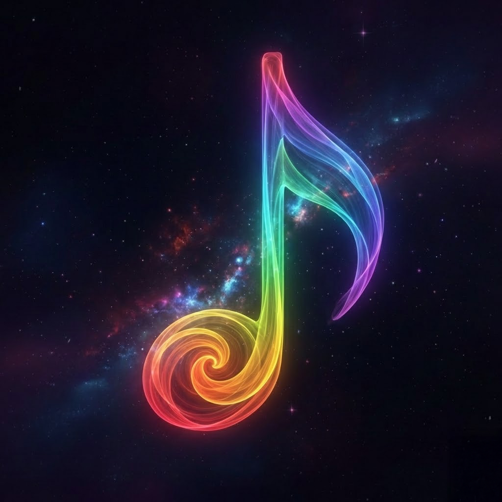 Lyric - a rainbow musical note against the cosmos